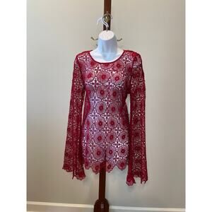 Double Zero Women’s Rust Red Lace Top Sheer Bell Sleeve Layering Blouse NWT